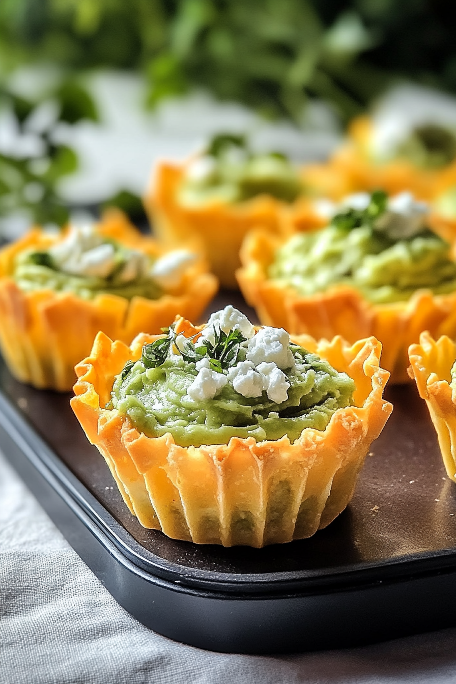 Cheddar Cups with Avocado Feta Mousse