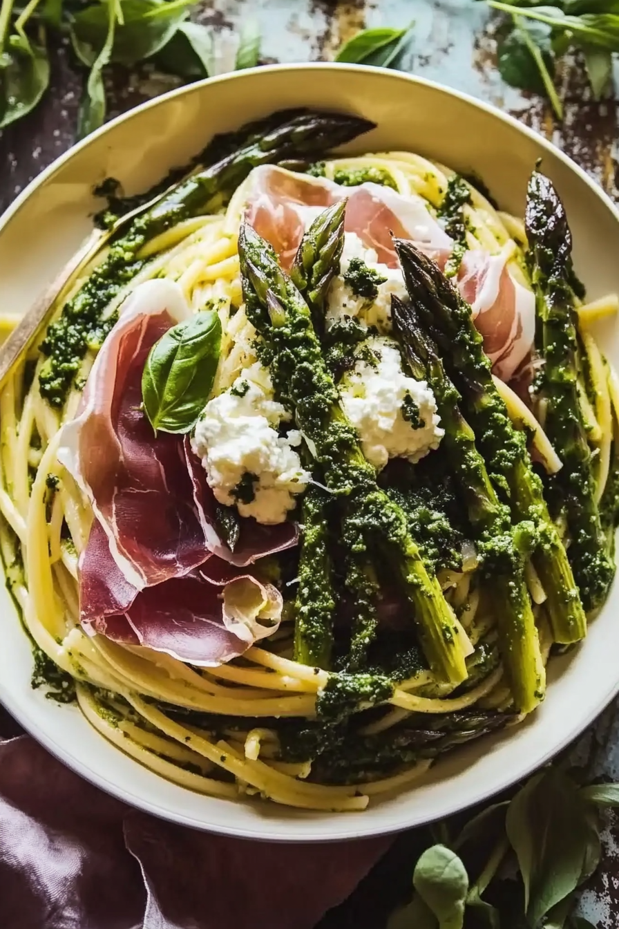 spicy pesto asparagus ricotta pasta crispy prosciutto