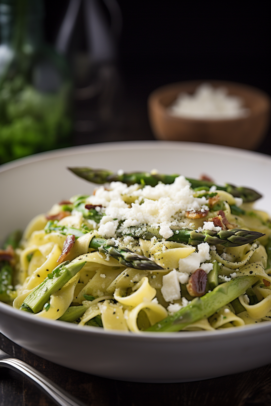 spicy pesto asparagus ricotta pasta crispy prosciutto