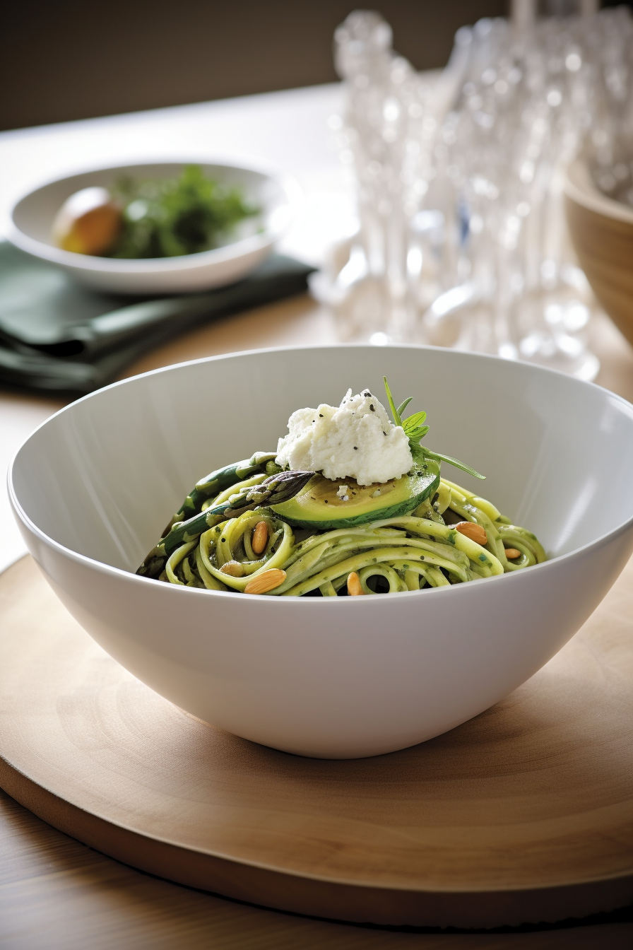 spicy pesto asparagus ricotta pasta crispy prosciutto