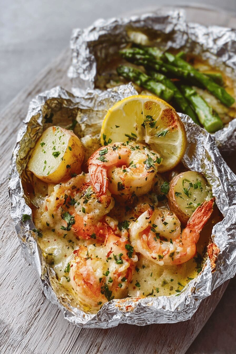 creamy garlic shrimp cheesy potato packets
