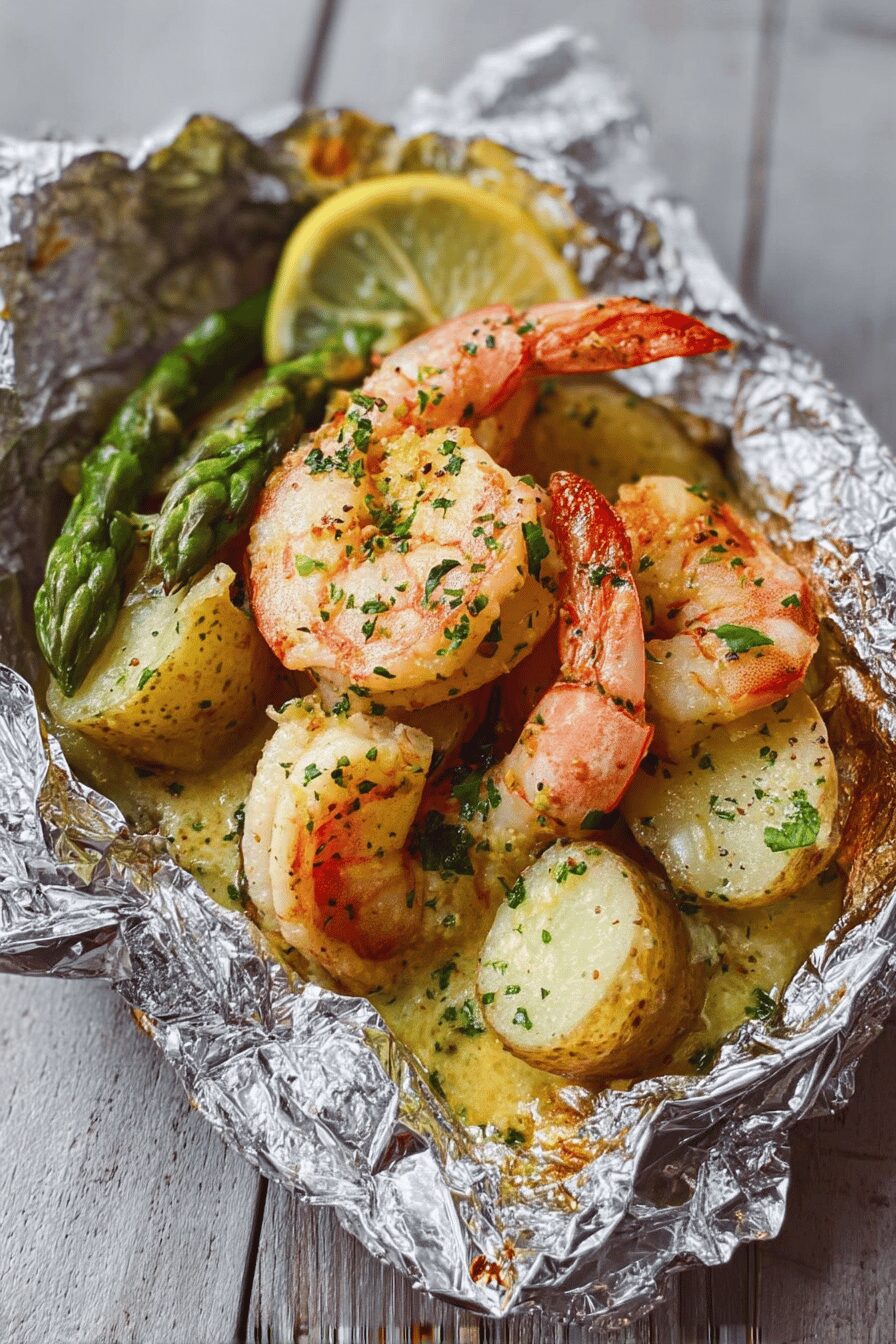 creamy garlic shrimp cheesy potato packets