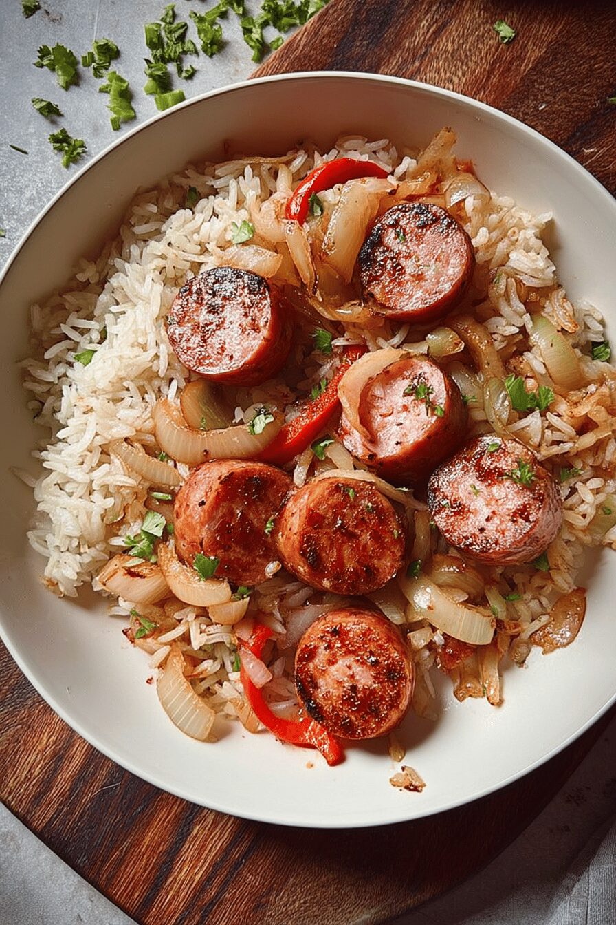onion and pepper kielbasa with rice