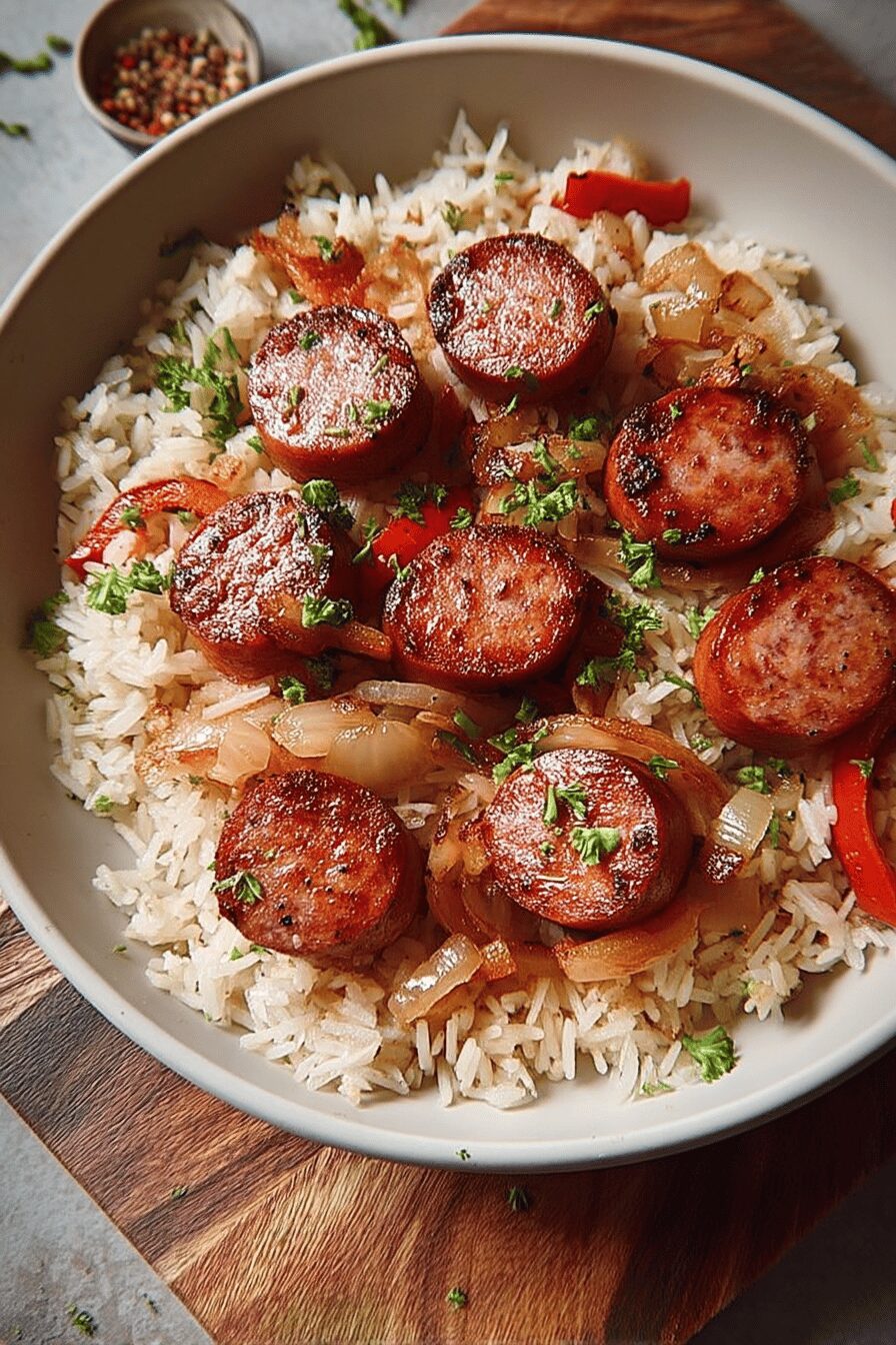 onion and pepper kielbasa with rice