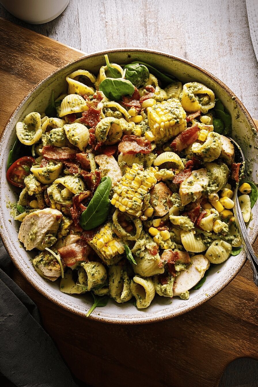 pesto chicken corn avocado bacon pasta salad