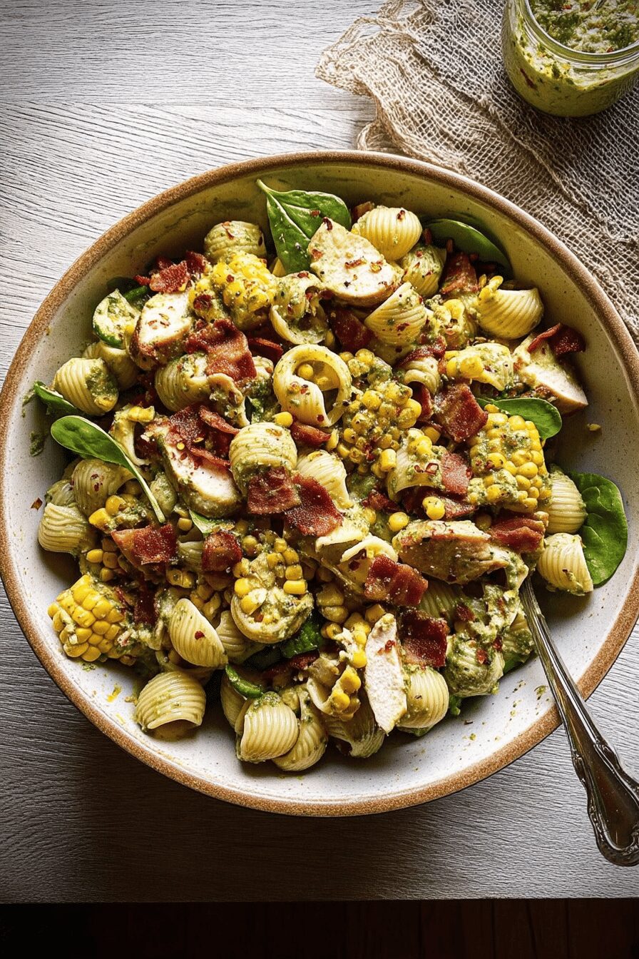 pesto chicken corn avocado bacon pasta salad