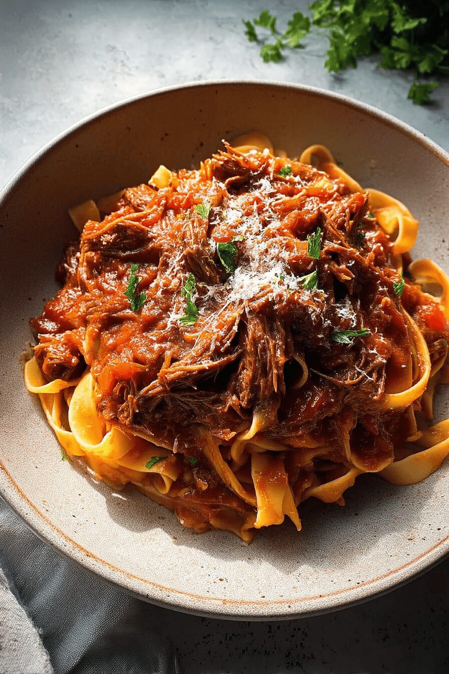 slow cooked shredded beef ragu pasta