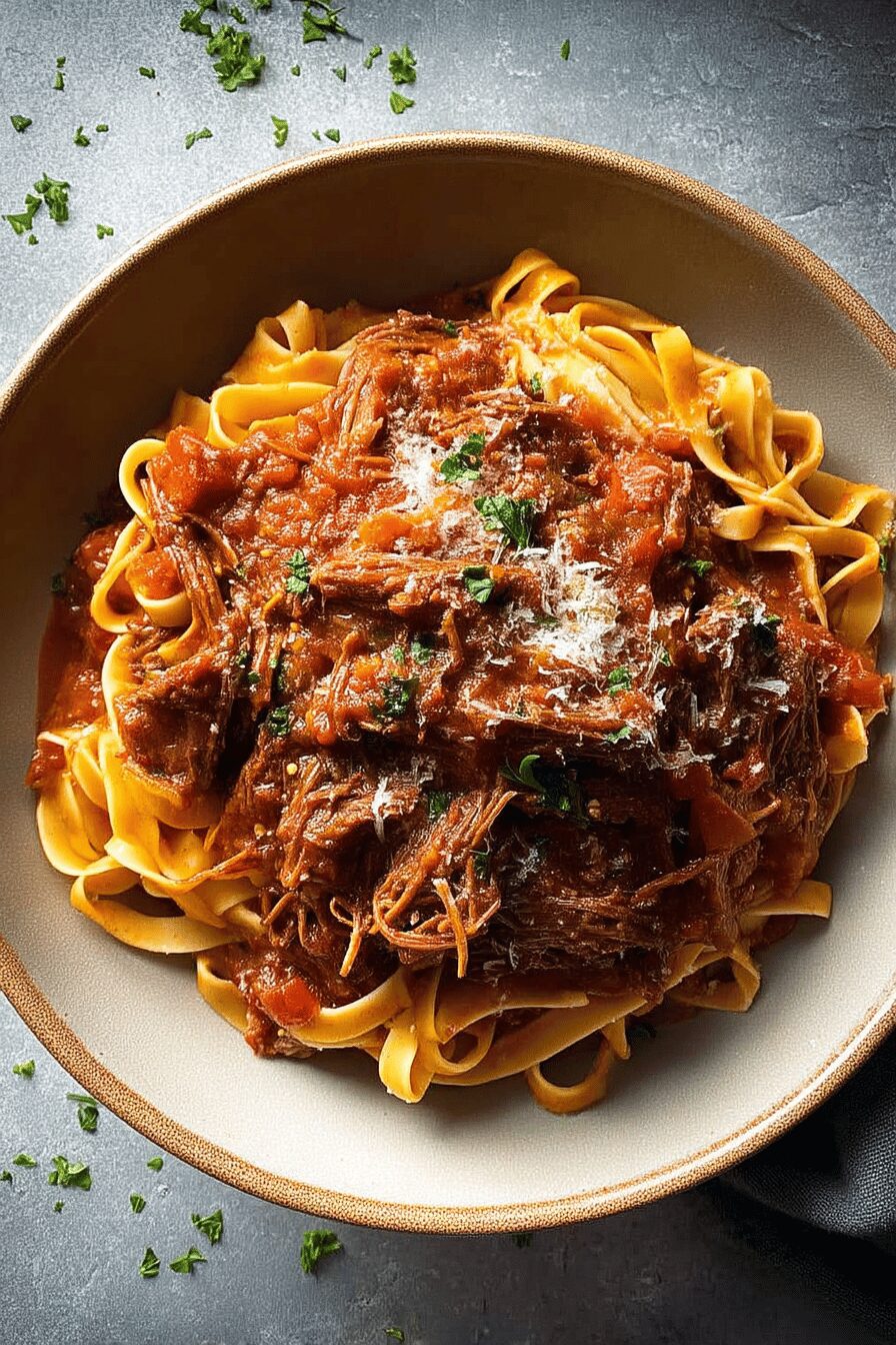 slow cooked shredded beef ragu pasta