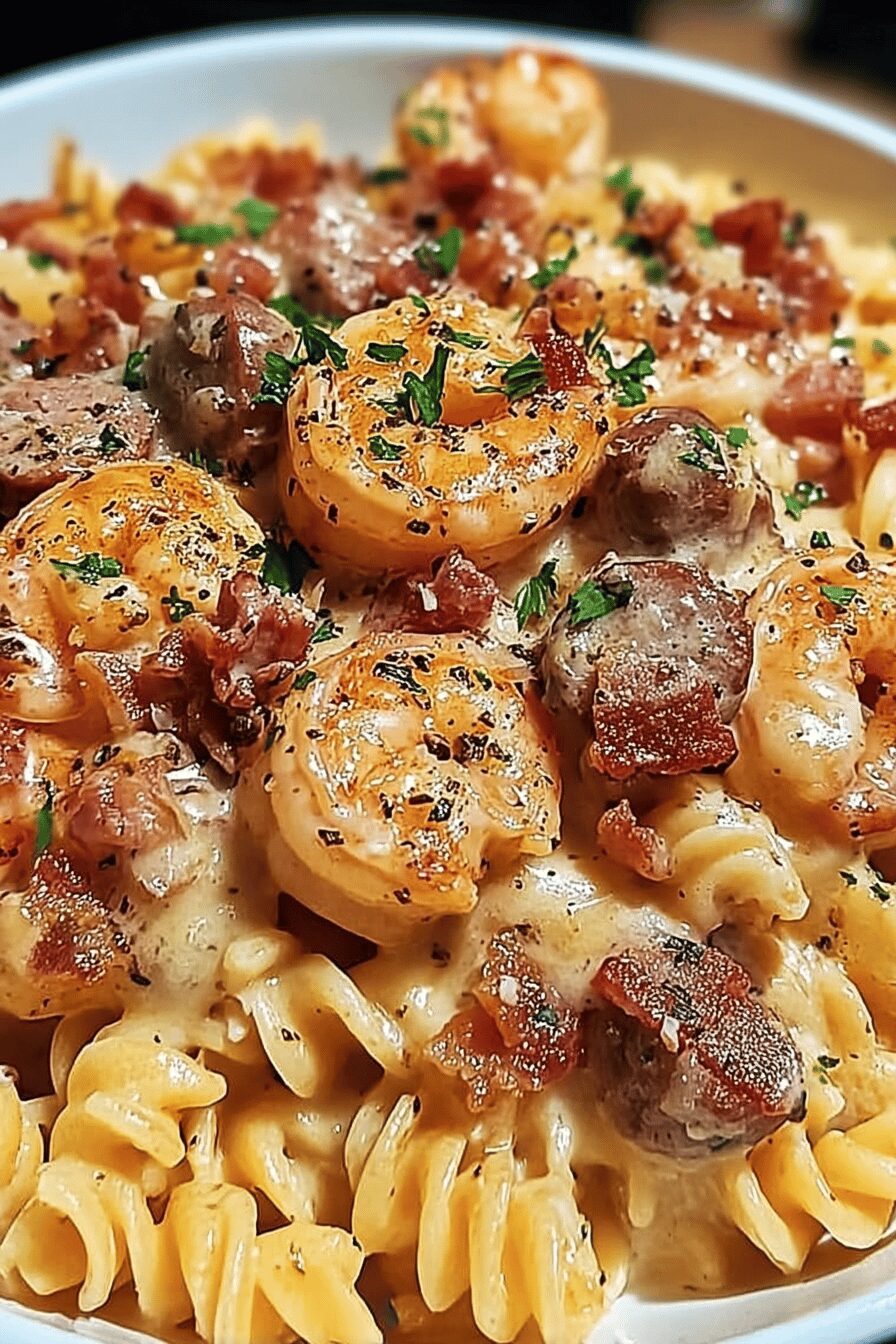 Cheesy Shrimp Sausage Bacon Pasta