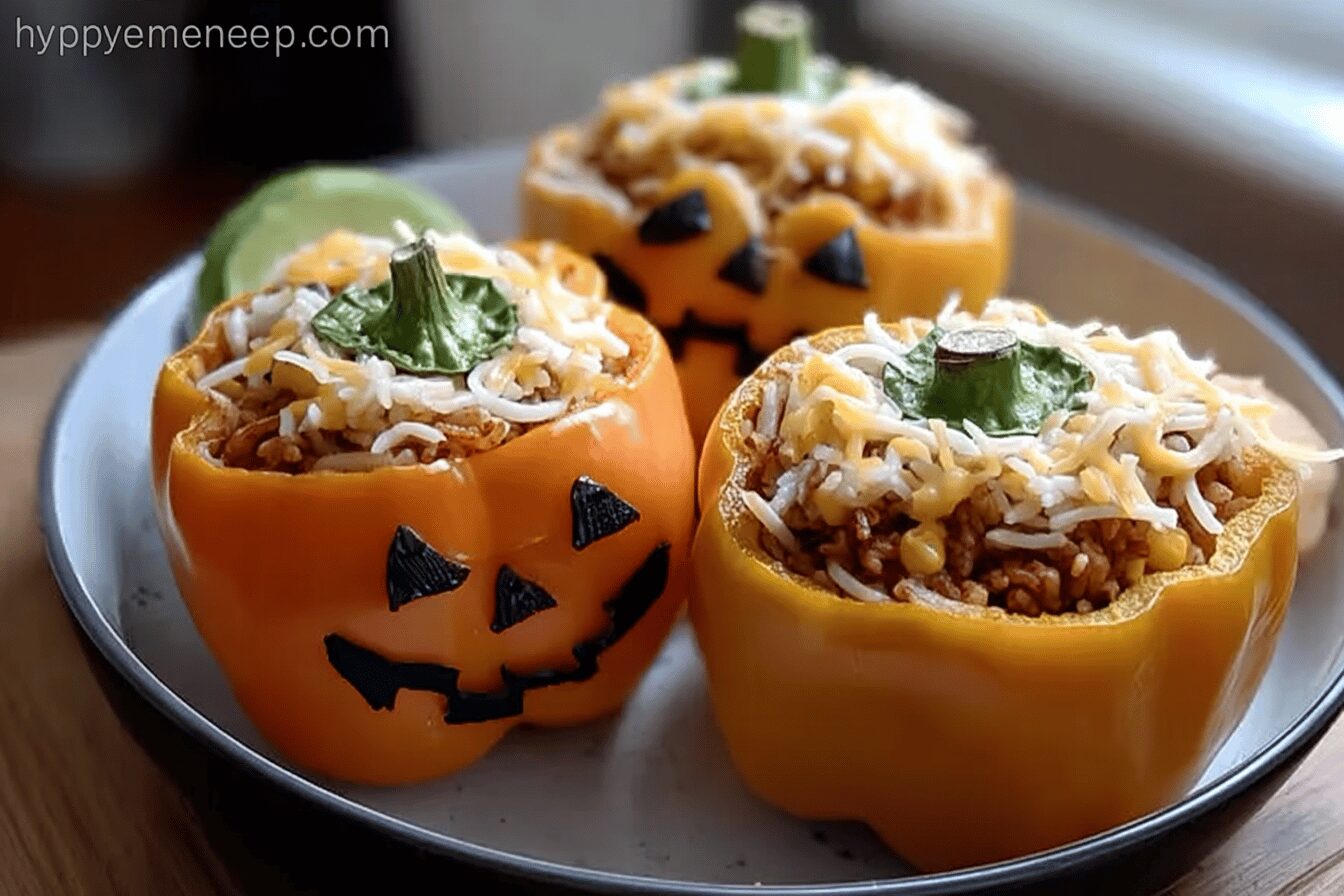 Halloween Shredded Chicken Rice Stuffed Peppers