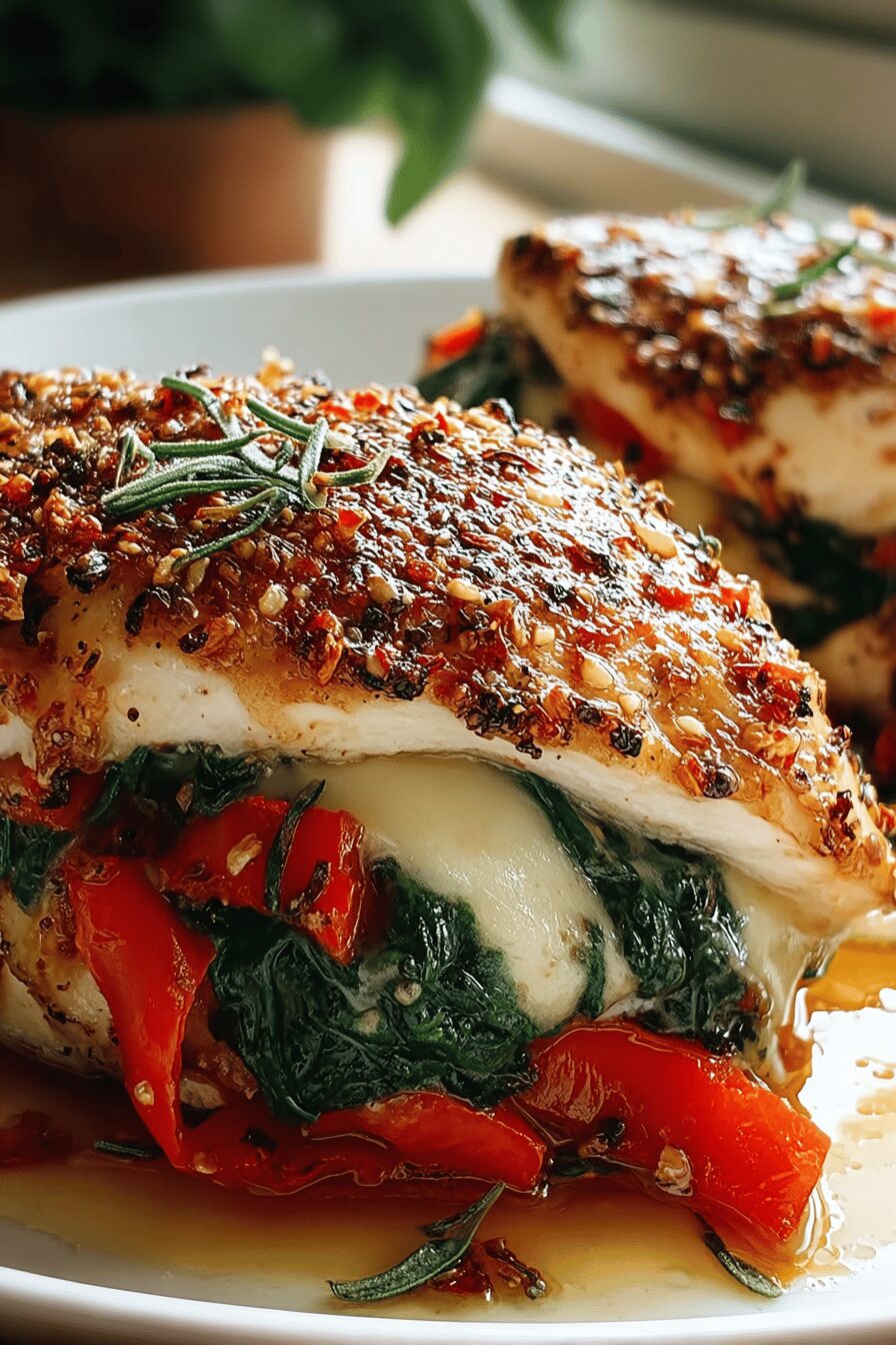 Roasted Pepper Spinach Mozzarella Chicken