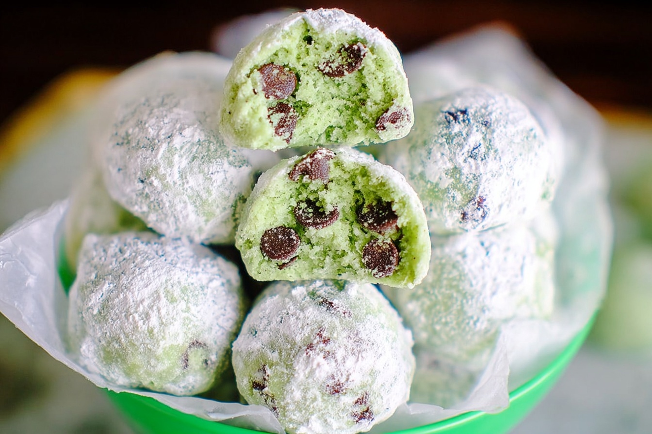 Mint Chocolate Chip Snowball Cookies