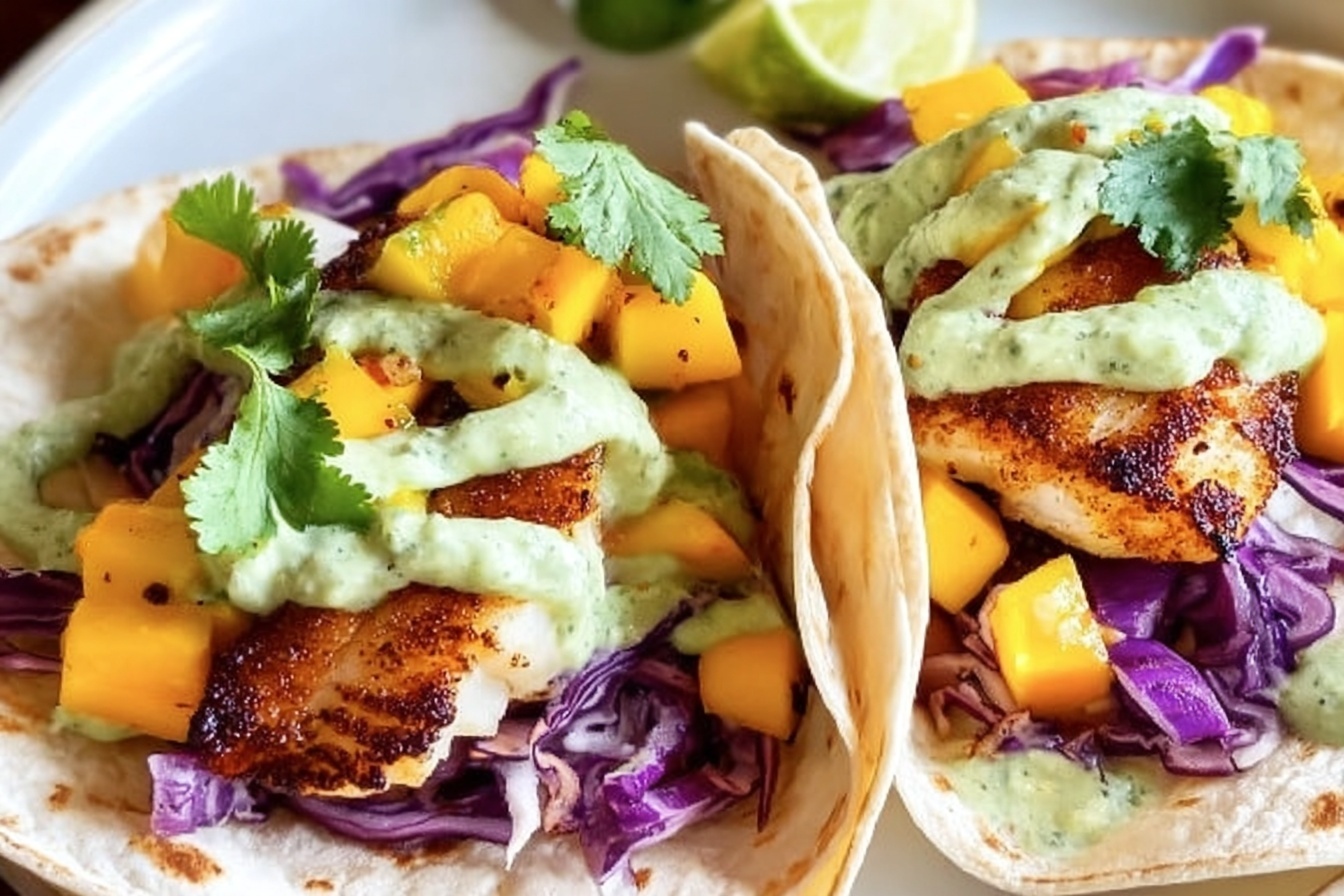 Baja Fish Tacos With Mango Slaw And Avocado Crema
