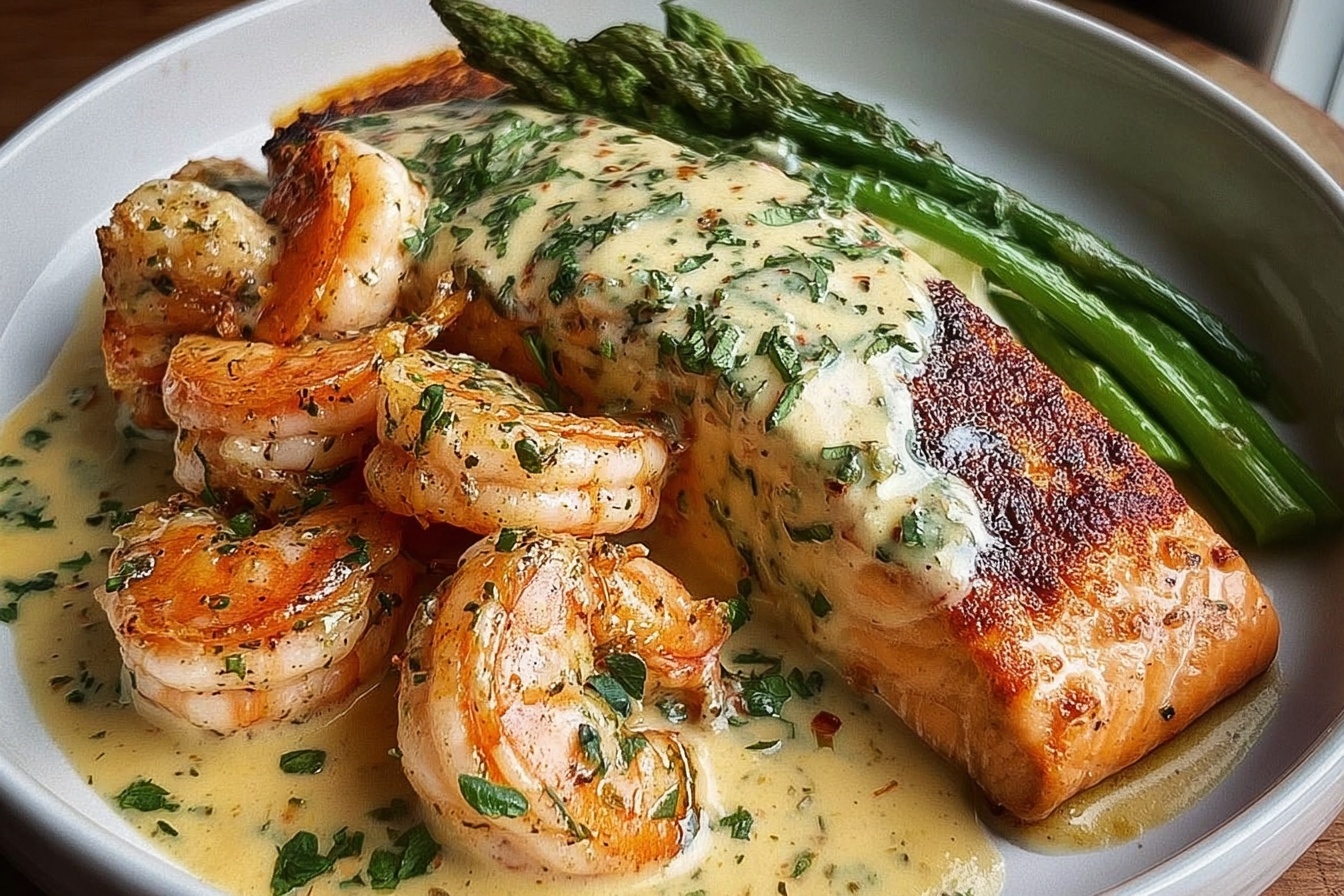 Cajun Shrimp And Salmon With Garlic Cream Sauce