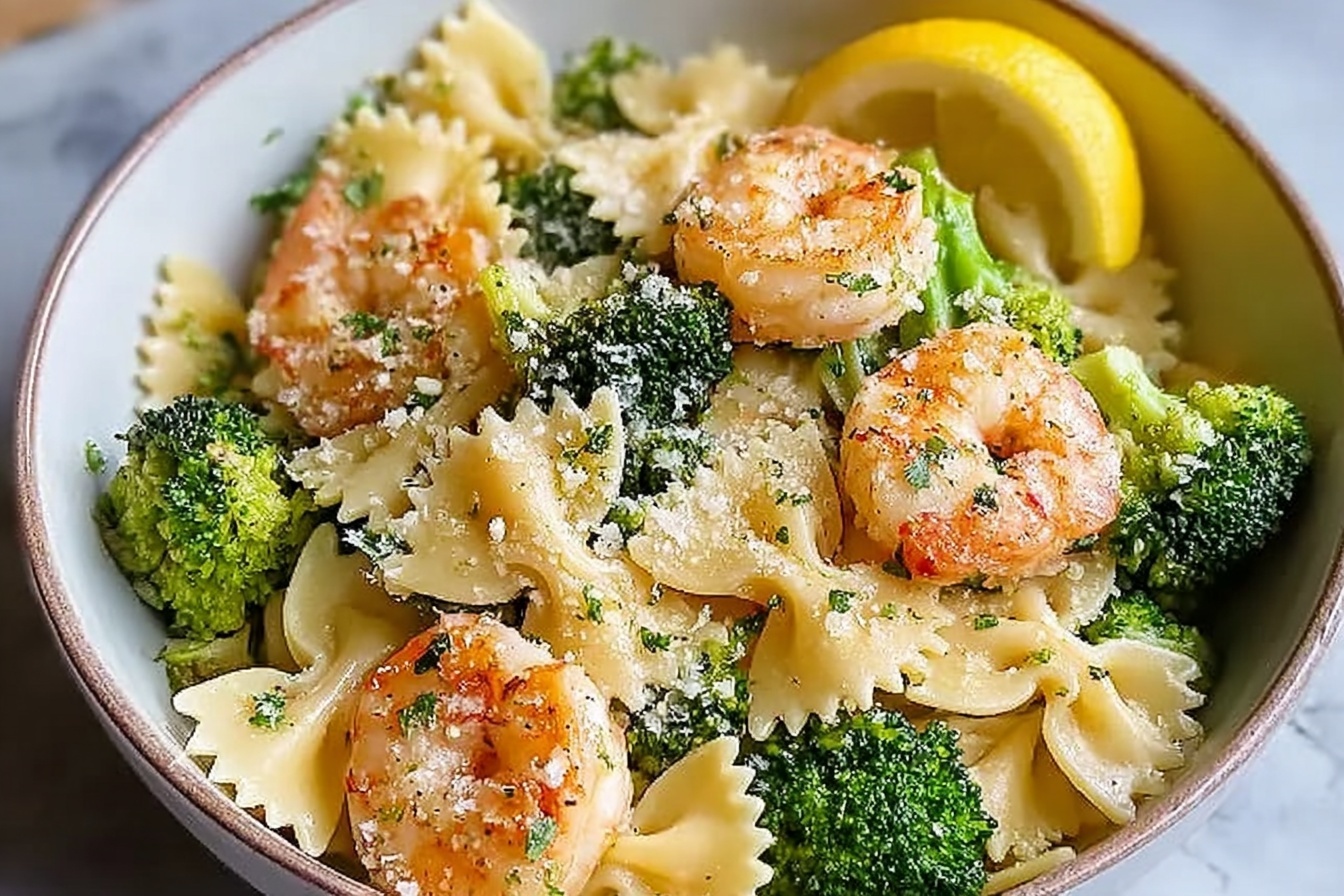 Farfalle Pasta With Shrimp Roasted Broccoli Lemon And Parmesan