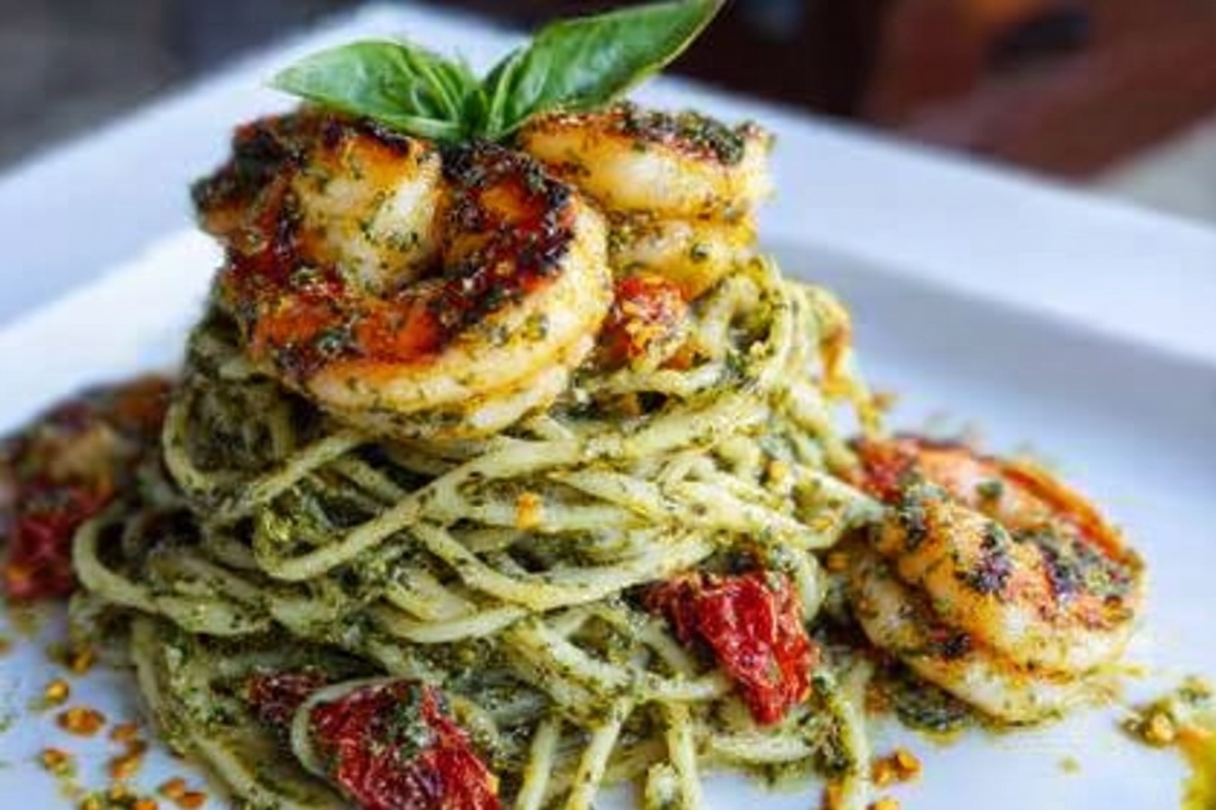 Pesto Pasta And Grilled Shrimp Stack