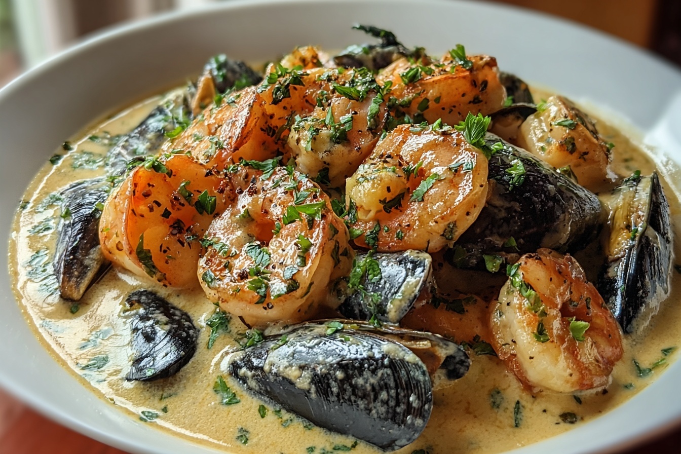 Shrimp And Mussels In Creamy Garlic Sauce