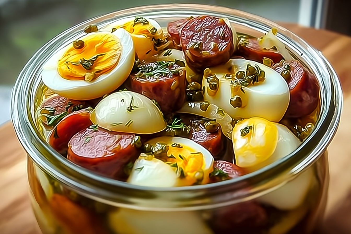 Tangy Pickled Eggs, Sausage, And Onions